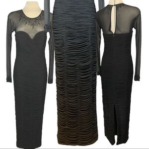 DESIGNER VICKITEIL Black Mesh Long Sleeves Embellish Beads around Neck Ruffle.